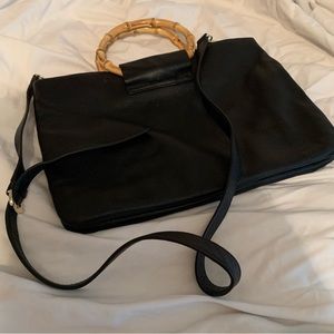 Talbots Black leather handbag w/bamboo handles and shoulder strap